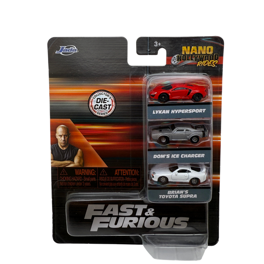 Fast & Furious Nano Hollywood Rides 3-Pack – Lykan Hypersport, Dom’s Ice Charger & Brian’s Toyota Supra (Jada Toys)